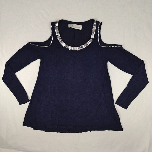 Vintage Havana Distressed Silver Trim Cold Shoulder Tunic Top Size S Y2K Flowy - Picture 2 of 9